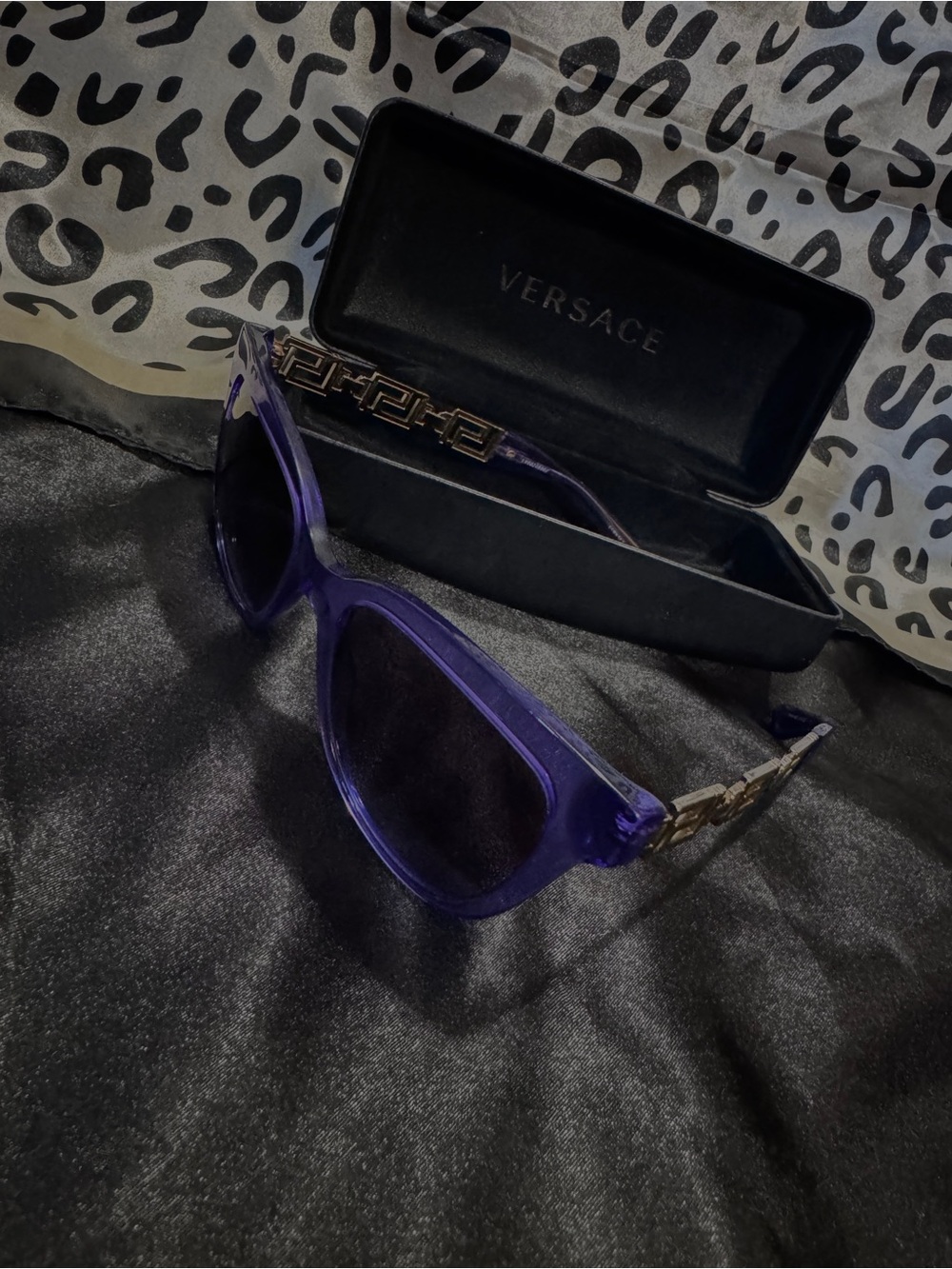 Versace Translucent Purple Sunglasses with Gold Greek Key Temples